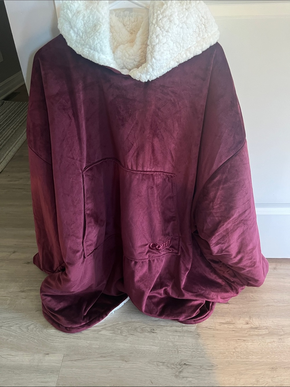 Plush Burgundy Sherpa-Lined Teddy Poncho Jacket